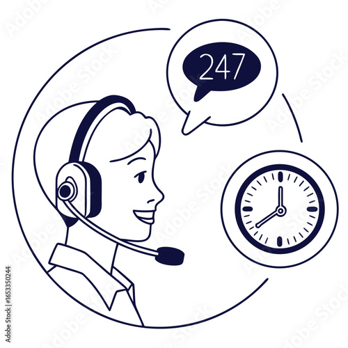 Illustration of a customer service representative with headset clock and speech bubble indicating support on transparent background