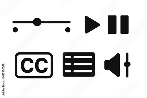 Music and video control icons: play, pause, volume, equalizer, closed captioning