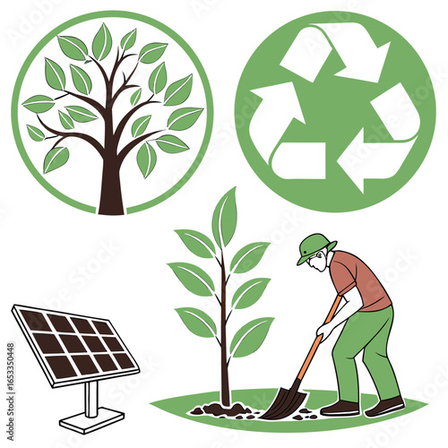 Illustration depicting environmental conservation with tree, recycling symbol, solar panel and tree planting on transparent background