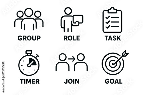 Icon set illustrating team roles and responsibilities with task management elements
