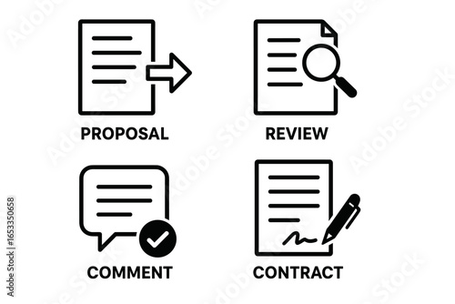 Business document icons: proposal, review, comment, contract in black and white