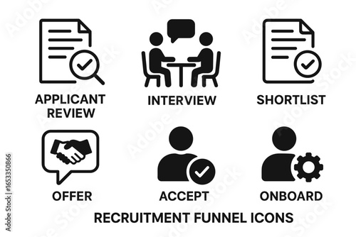 Recruitment funnel icons: applicant review, interview, shortlist, offer, accept, onboard