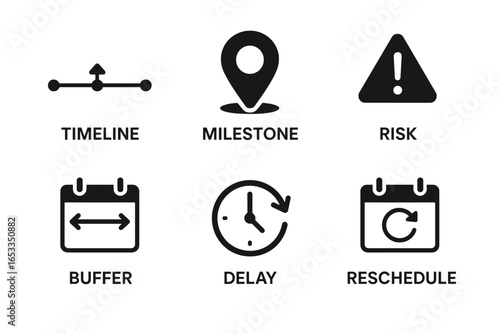 Project management icons: timeline, milestone, risk, buffer, delay, reschedule