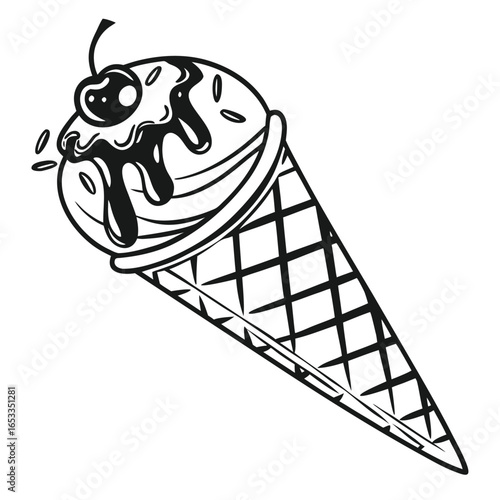 Black and white illustration of an ice cream cone with cherry and chocolate sauce
