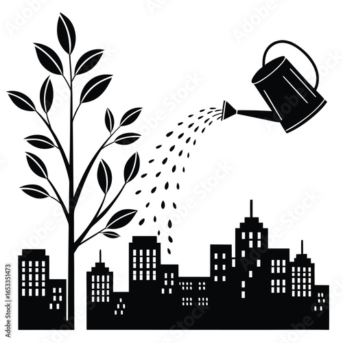 Silhouette of a tree growing from a city skyline with a watering can growth