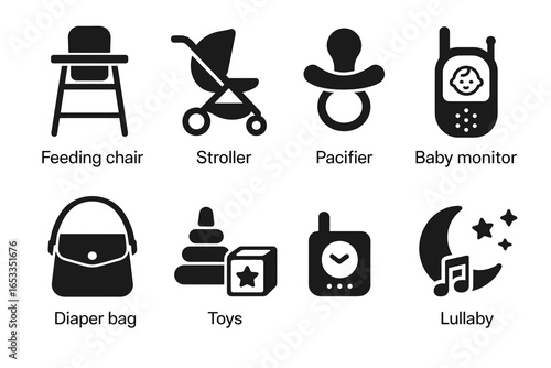 Baby essentials icons: feeding chair, stroller, pacifier, baby monitor, diaper bag, toys, lullaby
