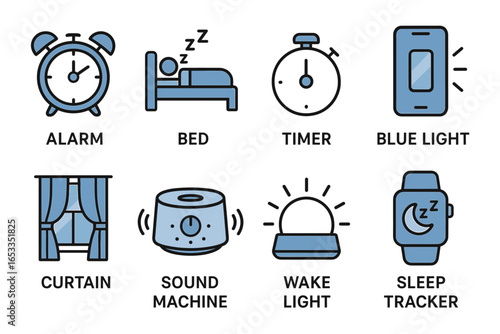 Sleep icons set: alarm, bed, timer, blue light, curtain, sound machine, wake light, sleep tracker