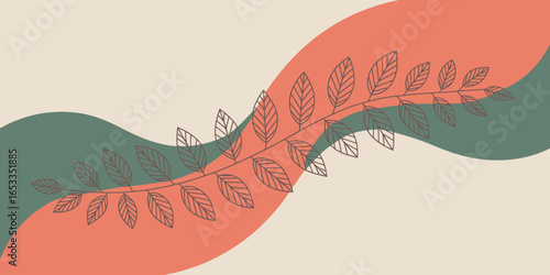 A decorative leaf branch illustration with wavy salmon and green background on a beige backdrop design