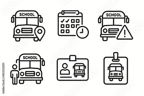School bus icons: location, schedule, alert, student identification for transport safety