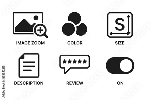 Set of icon symbols: zoom, color, size, description, review, on/off toggle
