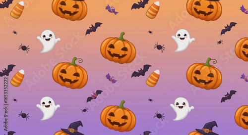 Pastel Halloween pattern with smiling pumpkins, spider webs, candy corn and happy ghosts