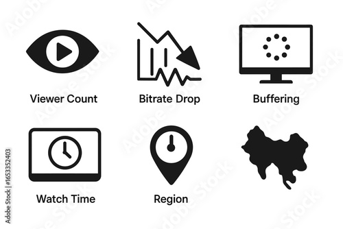 Streaming analytics icons: viewer count, bitrate drop, buffering, watch time, region, map
