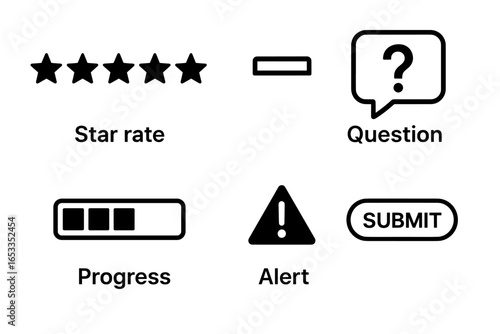 Ui elements: star rating, question icon, progress bar, alert, and submit button