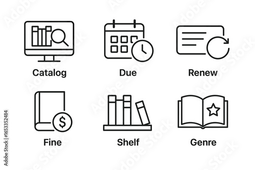 Library icon set: catalog, due, renew, fine, shelf, genre