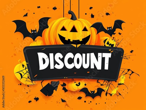 Halloween discount banner. Halloween discount banner with pumpkins bats and spooky orange background
