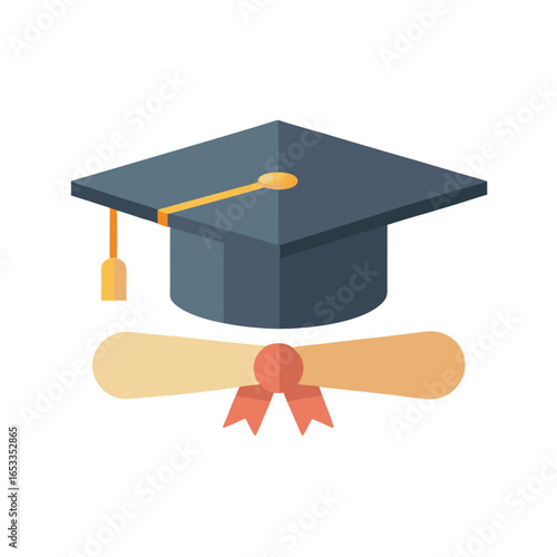 Graduation Cap and Diploma Flat Design scroll education
