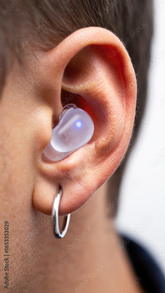 Fototapeta premium Biohacking smart earbud, wearable neural tech, in-ear health tracker, digital wellness device, cognitive enhancement tool, quantified self technology, futuristic biosensor