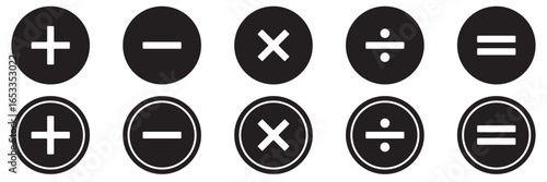 Plus minus multiply divide equal icon vector set isolated on white background. Mathematical signs. Calculation buttons, business finance concept in vector. Basic math and calculator with circle icon.