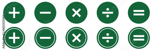 Plus minus multiply divide equal icon vector set isolated on white background. Mathematical signs. Calculation buttons, business finance concept in vector. Basic math and calculator with circle icon.