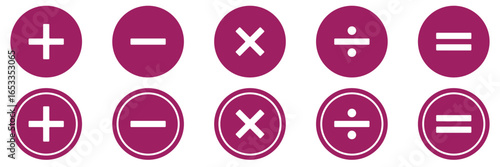 Plus minus multiply divide equal icon vector set isolated on white background. Mathematical signs. Calculation buttons, business finance concept in vector. Basic math and calculator with circle icon.