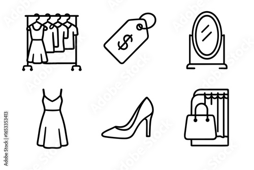 Fashion items icons: dress, price tag, mirror, shoe, handbag, clothing rack