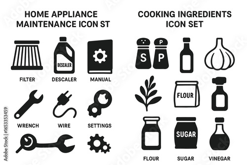 Home appliance maintenance and cooking ingredients icon set