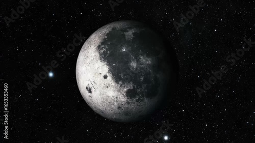 Rotating 3d Realistic Moon Planet On Space Galaxy, Moon Against Starry Night Sky
