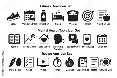 Comprehensive icon sets for fitness, mental health, and recipe apps