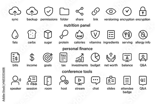 Comprehensive icon set for nutrition, finance, and conference tools