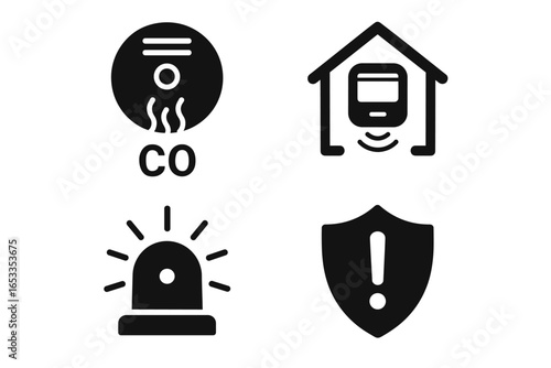 Carbon monoxide alarm, home security, emergency alert, safety shield icons