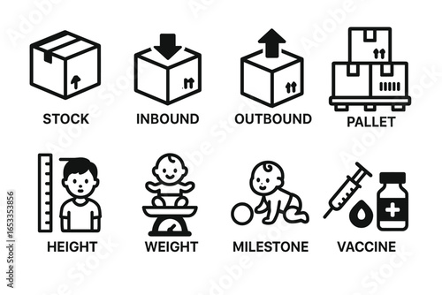 Logistics and child development icons: pallets, vaccines, growth indicators