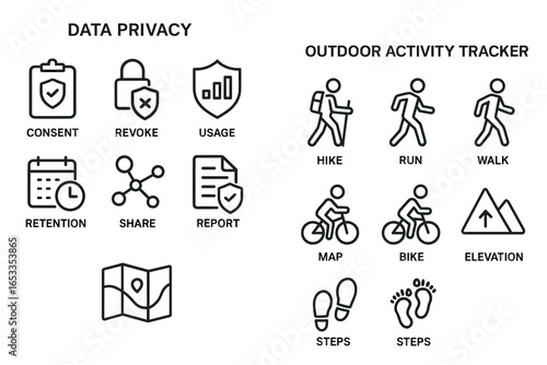 Data privacy and outdoor activity tracker icons: consent, share, hike, bike, map