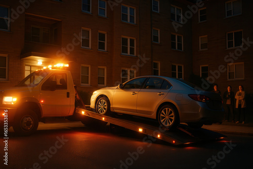 Car repossession process due to auto loan delinquency nighttime vehicle recovery urban setting repo man's viewpoint