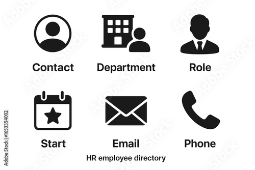 Hr employee directory icons: contact, department, role, start date, email, phone