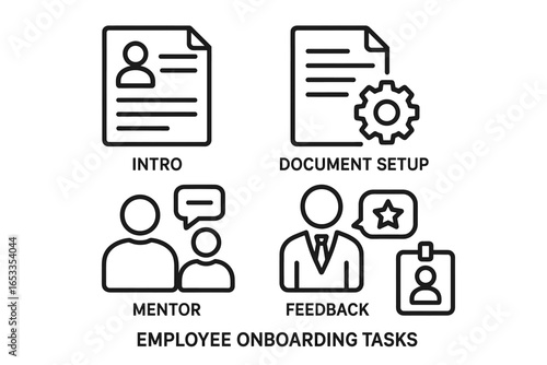 Employee onboarding tasks - intro, document setup, mentor, feedback icons