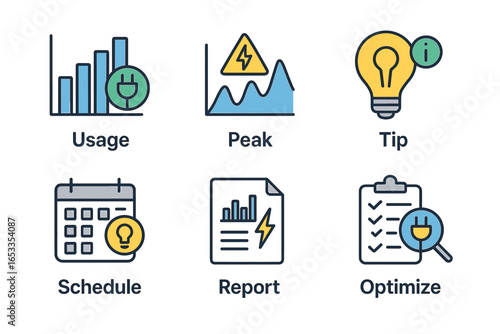 Energy management icons: usage, peak, tip, schedule, report, optimize