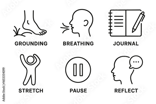 Mindful practices icons: grounding, breathing, journal, stretch, pause, reflect