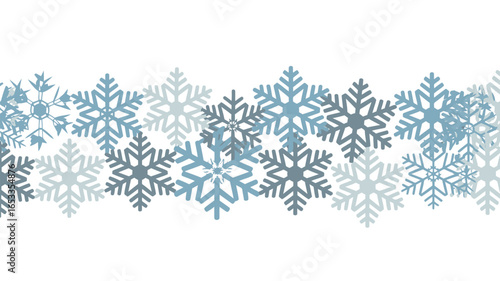 A horizontal arrangement of blue and gray snowflakes on a white background creating a wintery border