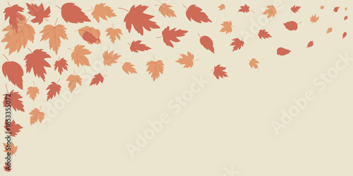 Falling autumn leaves in shades of orange and red on a light beige background creating a corner border design
