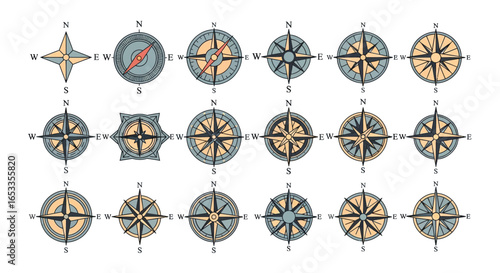 Compass rose set vector navigation travel symbols