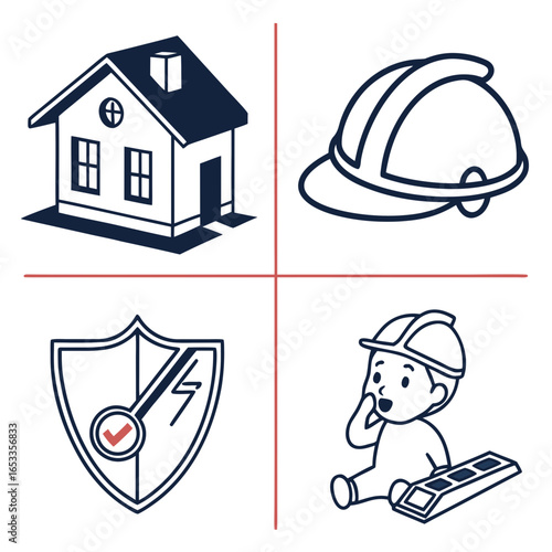 Illustration showing a house, hard hat, electrical safety shield, and baby with a hard hat and calculator on transparent background
