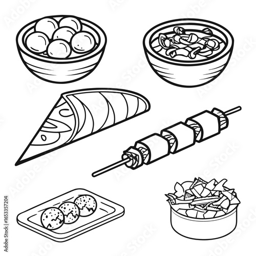 Illustration of various japanese street food items including takoyaki, yakitori, and other delicacies in bowls on transparent background