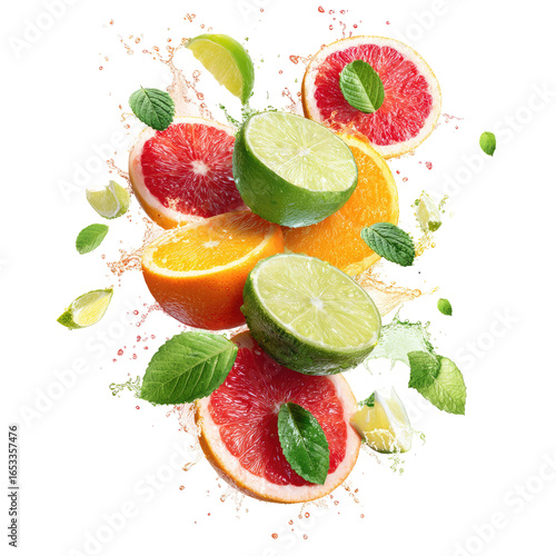 A vibrant mix of citrus fruits?oranges, grapefruits, and limes?in mid-air, splashed with juice and adorned with fresh mint leaves