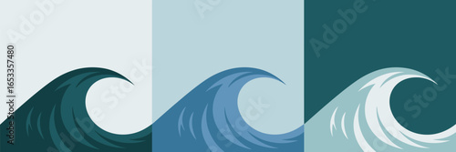 Three stylized ocean waves in varying shades of blue against a divided background illustration style