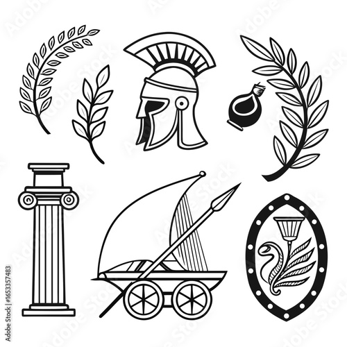 Illustration of ancient greek elements including helmet column chariot and laurel wreath in black and white style on transparent background
