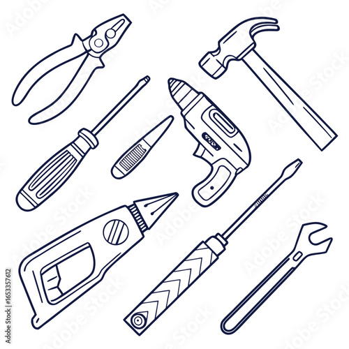 Illustration of various hand tools including pliers screwdrivers hammer drill utility knife and wrench on white on transparent background