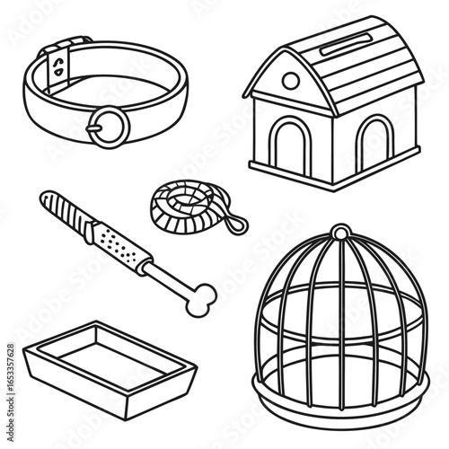 Illustration of pet accessories including a collar, dog house, toy, leash, bone, litter box, and bird cage on transparent background