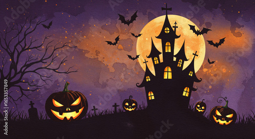 Watercolor Halloween night background with haunted house silhouette, glowing pumpkins and bats.