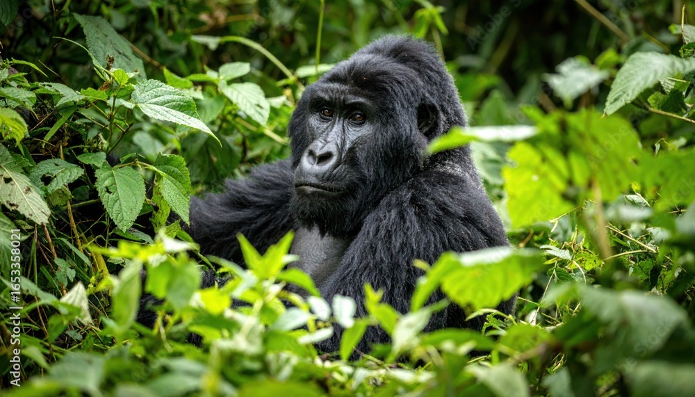 Obraz premium Majestic Mountain Gorilla in Lush Forest Habitat.
