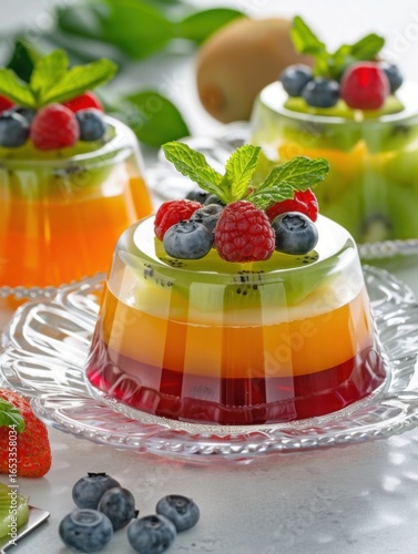 Three meticulously layered jelly desserts sit elegantly. Each is topped with fresh blueberries, raspberries and mint, resting on a clear plate, suggesting a light, refreshing treat